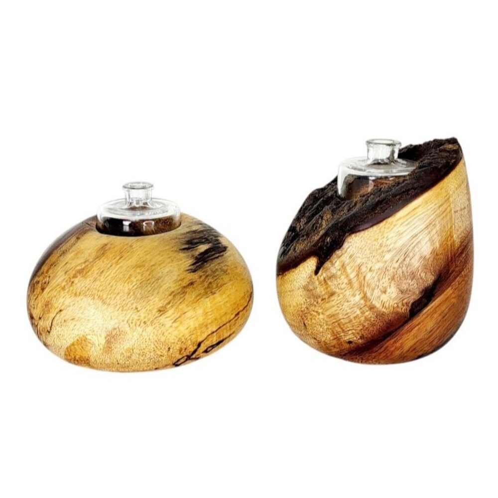Vintage MCM KOA Wood Natural Edge Rustic Modernist Bud Vases Glass Insert Signed - Picture 2 of 14